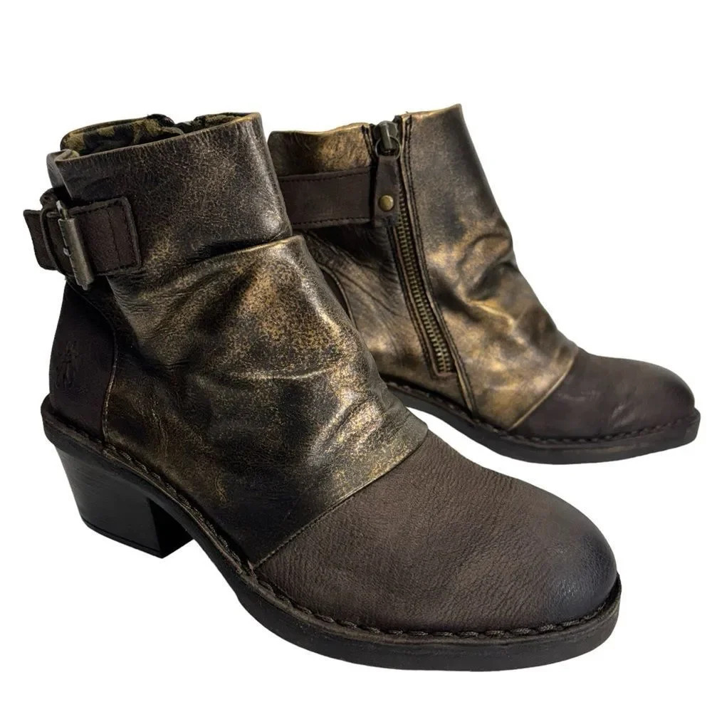 Fly London Dape Bronze Brown Leather Buckle Detail Ankle Boot Size 38/37